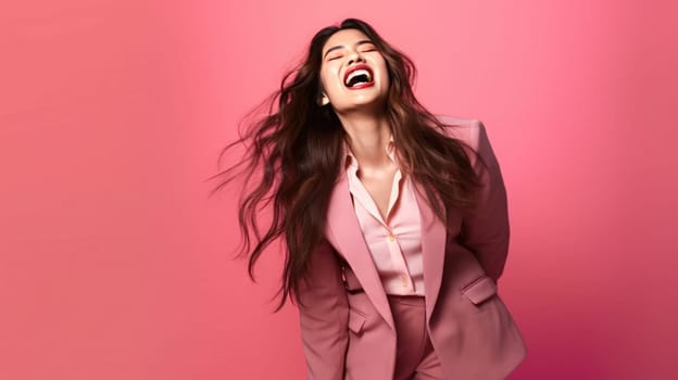 asian woman in business suit with pink background, ai