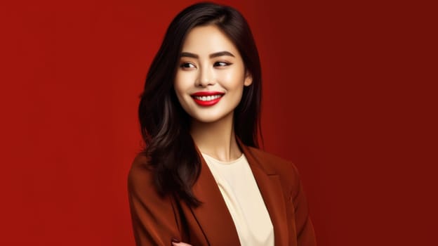 asian woman in business suit with red background, ai