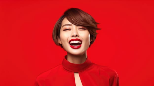 asian woman in business suit with red background, ai