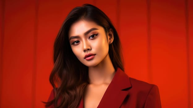 asian woman in business suit with red background, ai