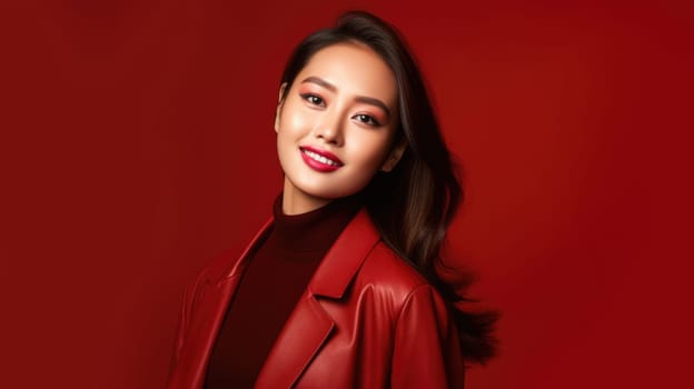 asian woman in business suit with red background, ai