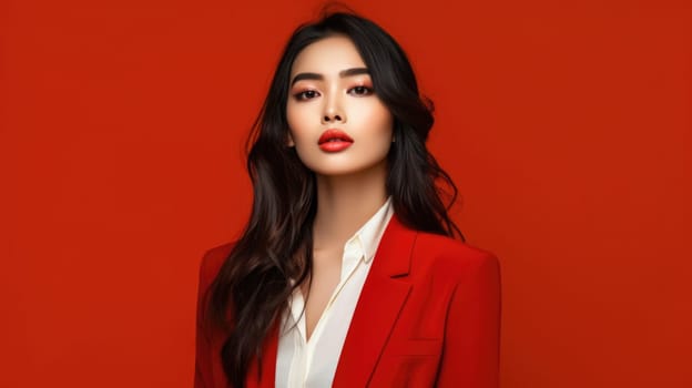 asian woman in business suit with red background, ai