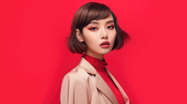 asian woman in business suit with red background, ai