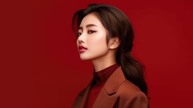 asian woman in business suit with red background, ai