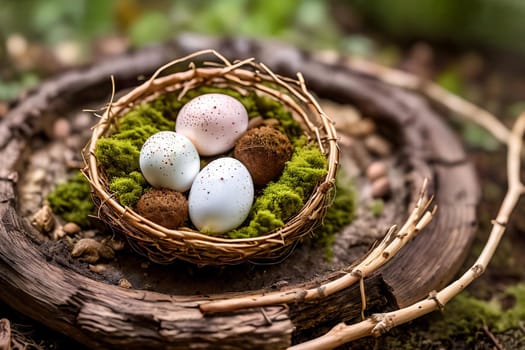 Eggcellent Easter Nest. A nest crafted from twigs, moss, and feathers, adorned with speckled eggs of different sizes and hues, set against a natural background to showcase the intricate beauty of nature's creations.