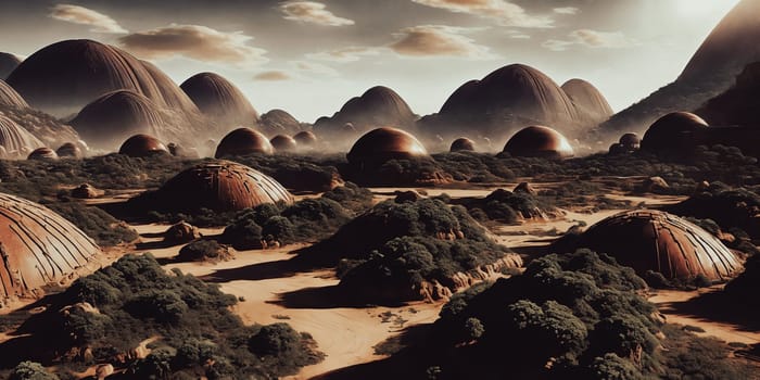 A breathtaking digital artwork of a transformed Mars settlement in the future, showcasing domed habitats, terraforming machinery, and abundant greenery changing the red planet into a livable world.