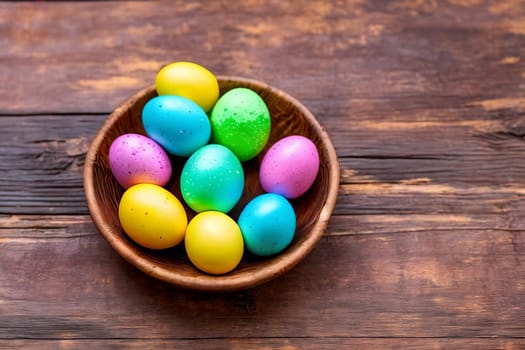 Vibrant Easter Eggs. A close-up image of colorful and intricately decorated Easter eggs arranged in a beautiful pattern on a rustic wooden background, emphasizing the unique designs and textures.