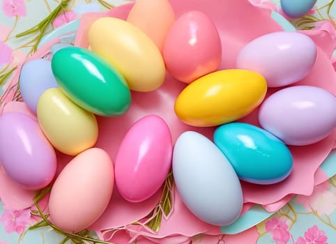 Pastel Easter Palette. A visually pleasing composition featuring a gradient of pastel-colored Easter decorations such as eggs accents arranged in an aesthetically pleasing manner, radiating a soft and dreamy atmosphere.