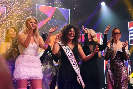 The colleagues celebrate and congratulate Apameh Api Schönauer (Berlin),39 years old,Successful architect and activist for women's rights wins the election of the Miss Germany Award 2024 - Europapark Rust - The finale at Europapark Rust - On Saturday,04 March 2023,the title "Miss Germany"" was awarded for the 20th time at Europapark. 900 guests attended the proclamation at the DOME,and more than 100 media representatives from the press,radio and television were accredited."