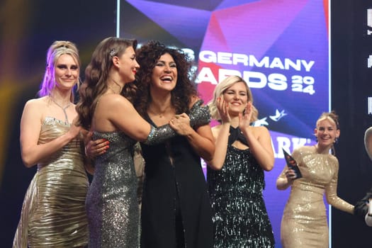 Apameh Schönauer (Berlin) is the new Miss Germany 2024 - here after the announcement of the election at the Miss Germany Awards 2024,is celebrated by her colleagues,on the far right Kira Geiss,Miss Germany 2023 - Europapark Rust - The final at Europapark Rust - On Saturday,February 24,2024,the title "Miss Germany"" was awarded for the 20th time at Europapark. 900 guests attended the proclamation at the DOME,and more than 100 media representatives from the press,radio and television were accredited."
