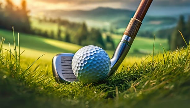 close up golf club and golf ball on green grass with sunrise background