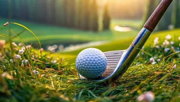 close up golf club and golf ball on green grass with sunrise background