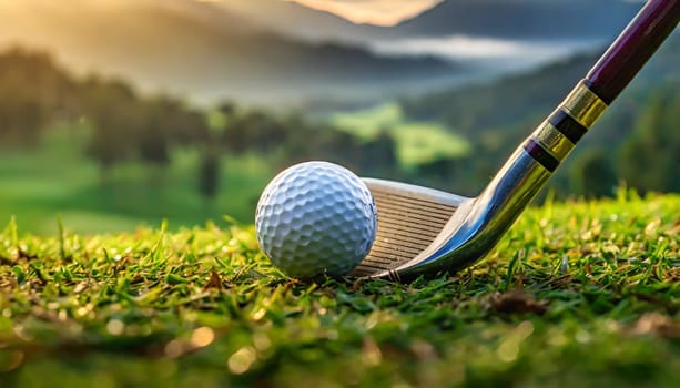 close up golf club and golf ball on green grass with sunrise background