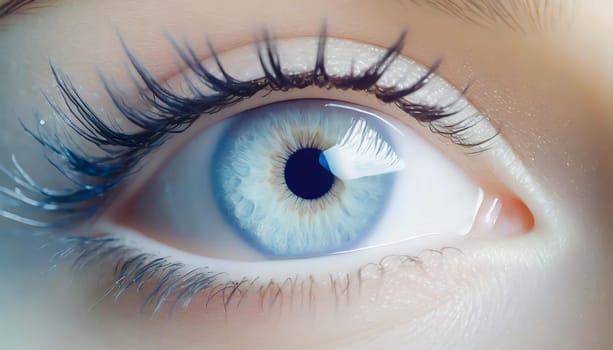 close up of a female blue eye with long black eyelashes