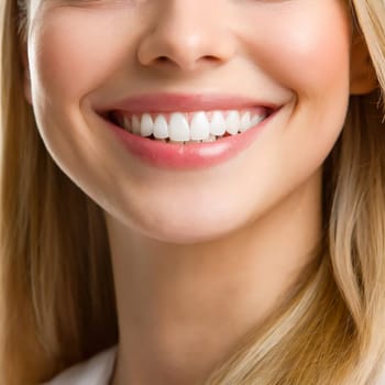 Dental health concept: woman smiling close up. Isolated on white.