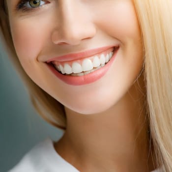 Close Up of Smiling Woman Mouth with Healthy, Beautiful, White Teeth. Dental Clinic Concept.