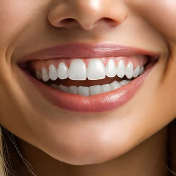 Close Up of Smiling Woman Mouth with Healthy, Beautiful, White Teeth. Dental Clinic Concept.
