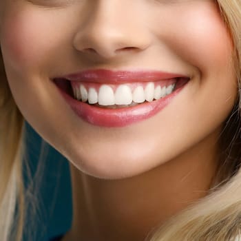 Dental health concept: woman smiling close up. Isolated on white.