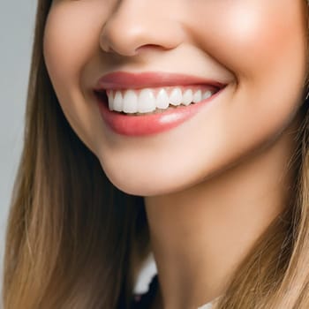 Dental health concept: woman smiling close up. Isolated on white.