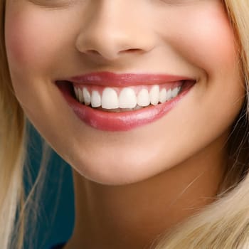 Dental health concept: woman smiling close up. Isolated on white.