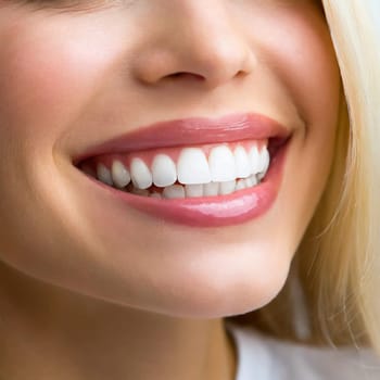 Close Up of Smiling Woman Mouth with Healthy, Beautiful, White Teeth. Dental Clinic Concept.