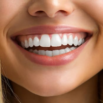 Close Up of Smiling Woman Mouth with Healthy, Beautiful, White Teeth. Dental Clinic Concept.