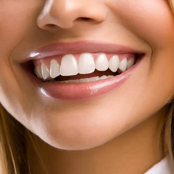 Dental health concept: woman smiling close up. Isolated on white.