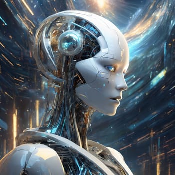 Android enveloped by glitch, black  metal