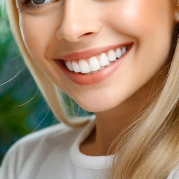 Close Up of Smiling Woman Mouth with Healthy, Beautiful, White Teeth. Dental Clinic Concept.