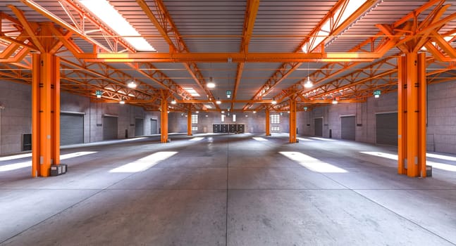 Empty industrial warehouse space with vibrant orange steel beams and natural light. 3d render