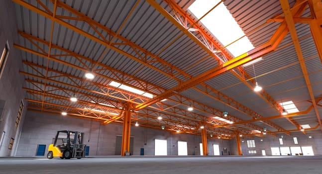 Spacious empty warehouse with orange steel beams and forklift under natural light. 3d render