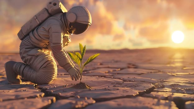 Astronaut planting a tree on the alien planet. Concept of world environment day planting forest, nature, and ecology. AI generated