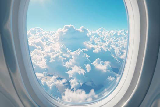 Aircraft window, blue sky and white clouds outside the window. Looking through the airplane window. AI generated