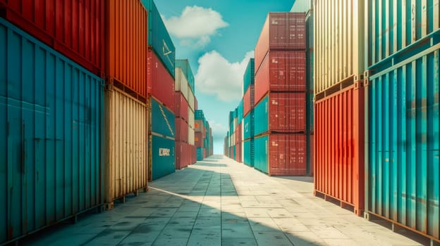 Stacked cargo containers in storage area of freight sea port terminal. Industrial container yard for logistic import export business. AI generated