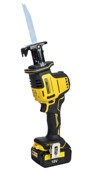 Isolated image of a modern cordless reciprocating saw with battery