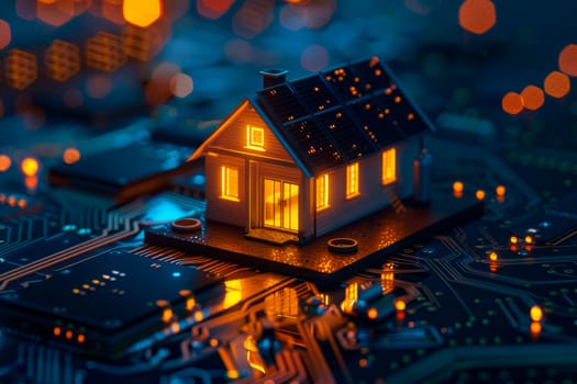 Miniature simple house with rooftop solar panels on electronic circuit board. Smart home concept. AI generated