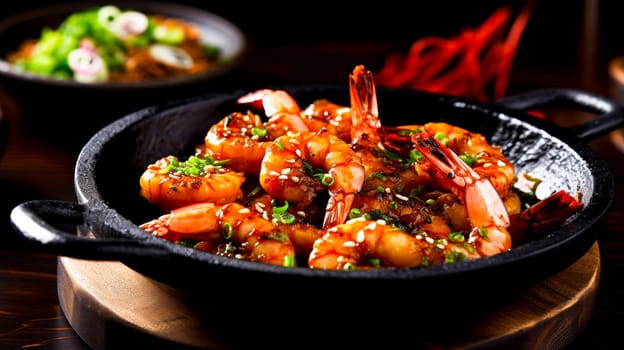 Glazed Shrimp in Cast Iron Skillet. Succulent glazed shrimp sprinkled with sesame seeds and scallions, served in a skillet.