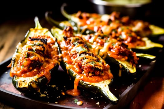 Grilled zucchini halves loaded with meat and cheese, with a sprinkling of herbs.