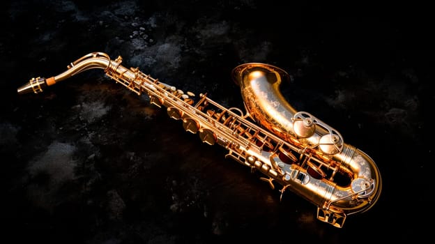 Elegant saxophone with golden glitter on a dark textured background.music content