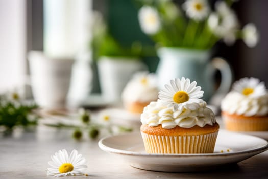 A cupcake with creamy white frosting and a single daisy on top, set against a soft-focus floral backdrop.