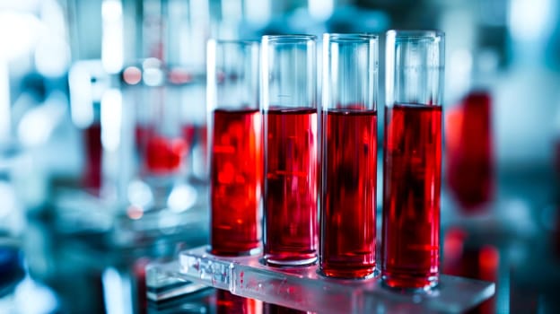 A series of test tubes filled with red liquid, set against the blurred backdrop of a laboratory.