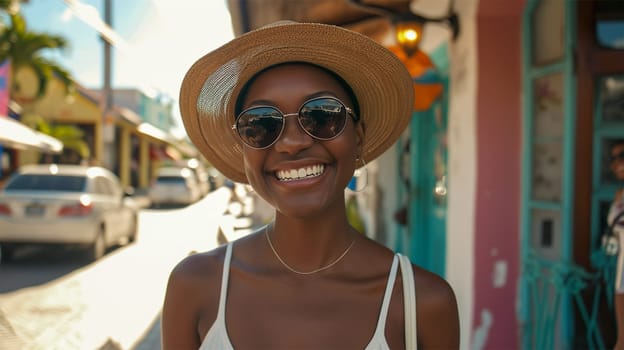 A cheerful woman wearing sunglasses and a sunhat enjoys a sunny urban environment that radiates positivity.
