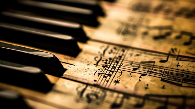 Antique sheet music resting on the piano keys evokes a sense of history and the timeless beauty of music.advertising of music schools, advertising of cultural events.
