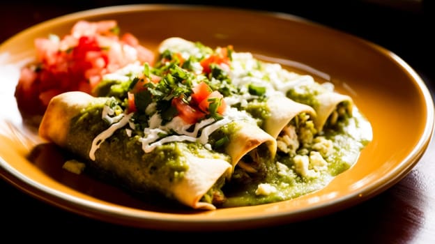 Enchiladas Verdes Plate.A savory plate of enchiladas verdes topped with cream and fresh cilantro, ready to be enjoyed.