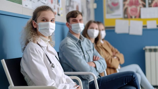 Three patients in white medical masks and a young female doctor are sitting in the waiting room. promoting health awareness or medical care.Copy space.