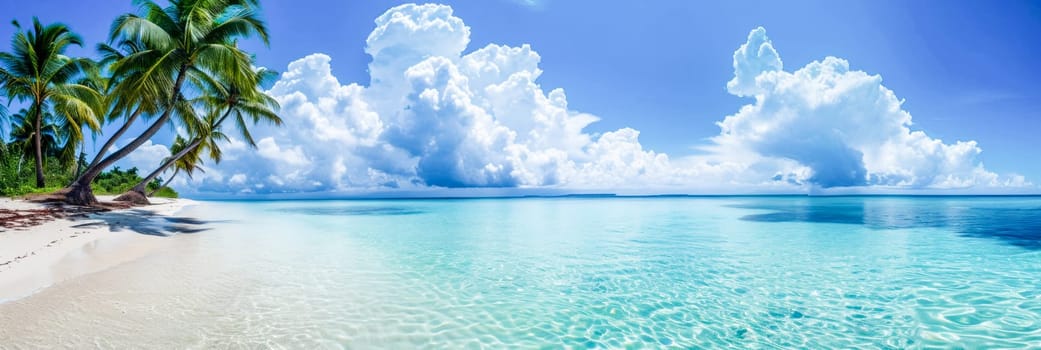 Panoramic view of a quiet tropical beach with palm trees, white sand and cumulus clouds over turquoise water.Travel agency advertising, resort advertising, relaxation and wellness programs.copy space