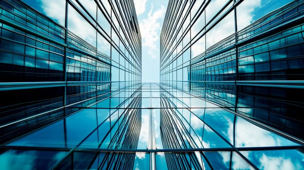 Urban Geometry. Glass buildings reflecting the sky create a symmetrical cityscape.