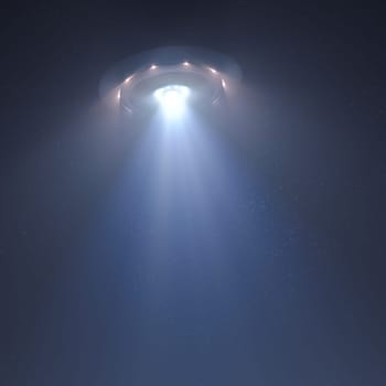 Unidentified flying object at night with fog and a light below, supposed tractor beam. 3D illustration.