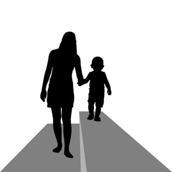 Contour image of a young woman with a child. The illustration on a white background.