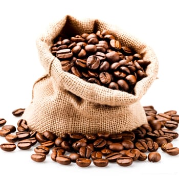 A burlap bag spilling roasted coffee beans, representing freshness and quality in coffee products.